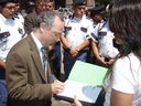 México DF, 15 de marzo 2007. Acto contra la caza de focas en Canadá. La presidente de AnimaNaturalis, Leonora Esquivel Frías, entregó una carta al embajador canadiense en México, para solicitar el cese de la matanza.