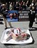 Activistas de AnimaNaturalis se metieron en una bandeja gigante simulando ser carne humana preparada para consumir, de la misma manera que se presenta la carne de otros animales. 
