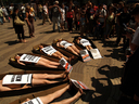 07.06.07. Barcelona. Activistas de AnimaNaturalis posaron dentro de ataudes simulando ser los 6 toros que se matan cada domingo en las corridas de toros.