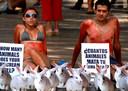 02.08.07. AnimaNaturalis protestó contra la experimentación con animales con dos activistas que se embadurnaron de crema solar ensangrentada con un cartel que decía: ¿Cuántos animales mata tu crema solar?