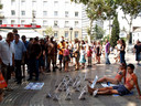 AnimaNaturalis protestó contra la experimentación con animales con dos activistas que se embadurnaron de crema solar ensangrentada con un cartel que decía: ¿Cuántos animales mata tu crema solar?