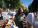 Activistas de AnimaNaturalis protagonizaron hoy en Albacete un acto en contra de las corridas de toros, en el que se exhibieron semidesnudos, con banderillas simuladas clavadas en la espalda y cubiertos de sangre ficticia.