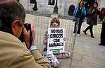 07.01.09 AnimaNaturalis ha realizado hoy un acto de protesta frente al Ayuntamiento de Tarragona, en el que activistas desnudas y con el cuerpo pintado de felino se han enjaulado para protestar contra el Circo de Venecia, que emplea a animales en sus espe