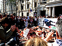 16.03.09 Activistas de AnimaNaturalis ha pedido hoy la abolición de la tauromaquia con la representación de una falla humana en Valencia con personas ensangrentadas y con banderillas clavadas, que representaban a toros muertos después de una corrida.