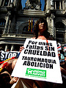 16.03.09 Activistas de AnimaNaturalis ha pedido hoy la abolición de la tauromaquia con la representación de una falla humana en Valencia con personas ensangrentadas y con banderillas clavadas, que representaban a toros muertos después de una corrida.