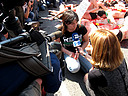16.03.09 Activistas de AnimaNaturalis ha pedido hoy la abolición de la tauromaquia con la representación de una falla humana en Valencia con personas ensangrentadas y con banderillas clavadas, que representaban a toros muertos después de una corrida.