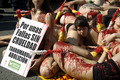 Valencia, 14 de marzo. Activistas de AnimaNaturalis han montado hoy una 'falla humana' en la Plaza del Ayuntamiento de Valencia, para protestar contra la feria taurina que se celebra durante la semana fallera y para exigir que no se declare las corridas d