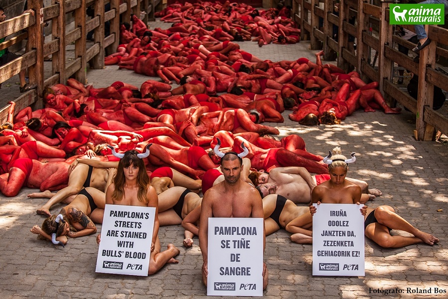 Protestan desnudos y cubiertos de sangre en la Plaza de Toros de Pamplona Protestan desnudos y cubiertos de sangre en la Plaza de Toros de Pamplona
