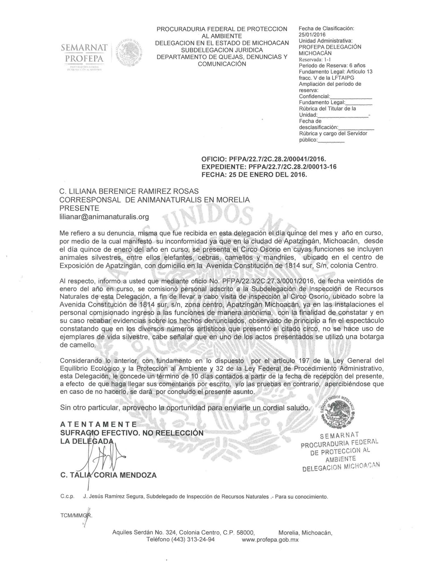 Respuesta de PROFEPA Michoacán a nuestra solicitud sobre circo con animales Respuesta de PROFEPA Michoacán a nuestra solicitud sobre circo con animales