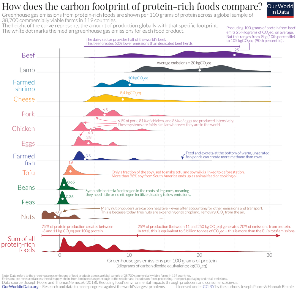 Gráfico que muestra la huella de carbono de varios alimentos con proteínas